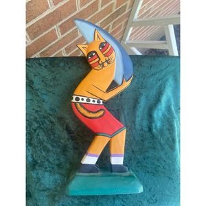 Cat surfer wood  Folk Art Hand Carved Painted